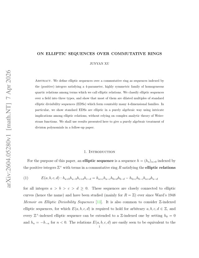 First page of On Elliptic Sequences over Commutative Rings