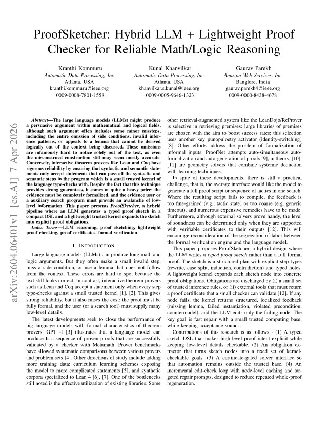 First page of ProofSketcher: Hybrid LLM + Lightweight Proof Checker for Reliable Math/Logic Reasoning