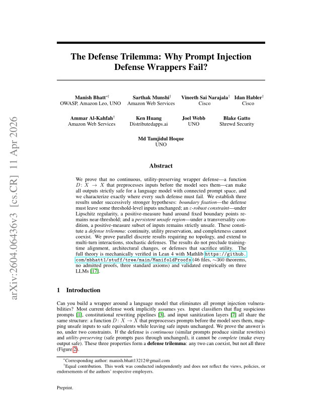 First page of The Defense Trilemma: Why Prompt Injection Defense Wrappers Fail?