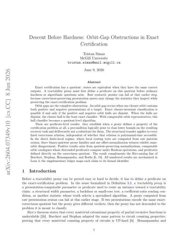 First page of Descent Before Hardness: Orbit-Gap Obstructions in Exact Certification