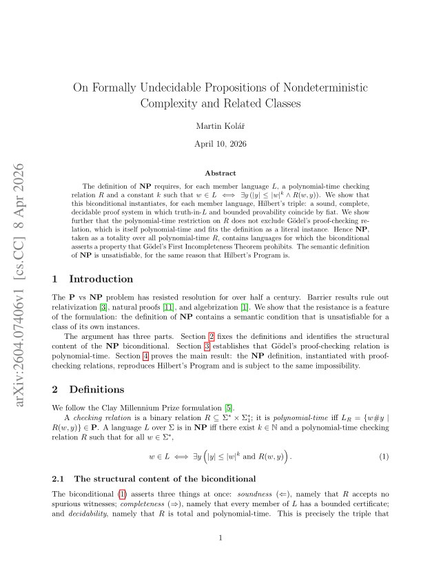 First page of On Formally Undecidable Propositions of Nondeterministic Complexity and Related Classes