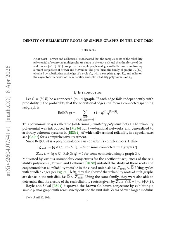 First page of Density of reliability roots of simple graphs in the unit disk