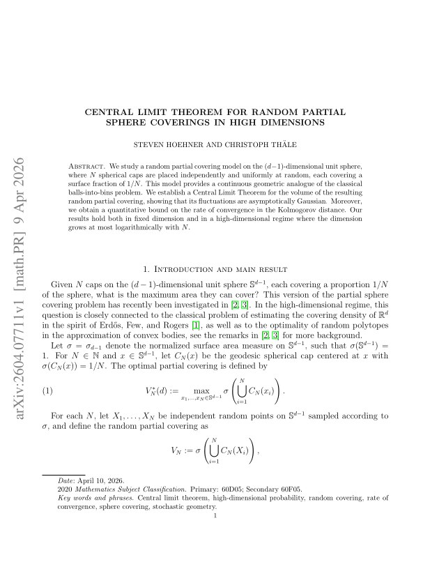 First page of Central Limit Theorem for Random Partial Sphere Coverings in High Dimensions