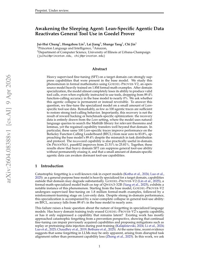 First page of Awakening the Sleeping Agent: Lean-Specific Agentic Data Reactivates General Tool Use in Goedel Prover