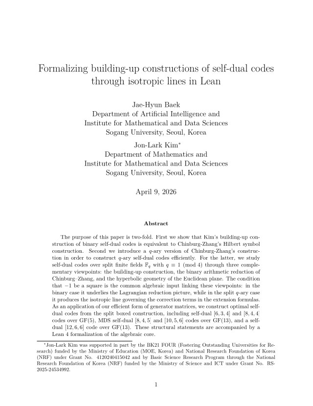First page of Formalizing building-up constructions of self-dual codes through isotropic lines in Lean