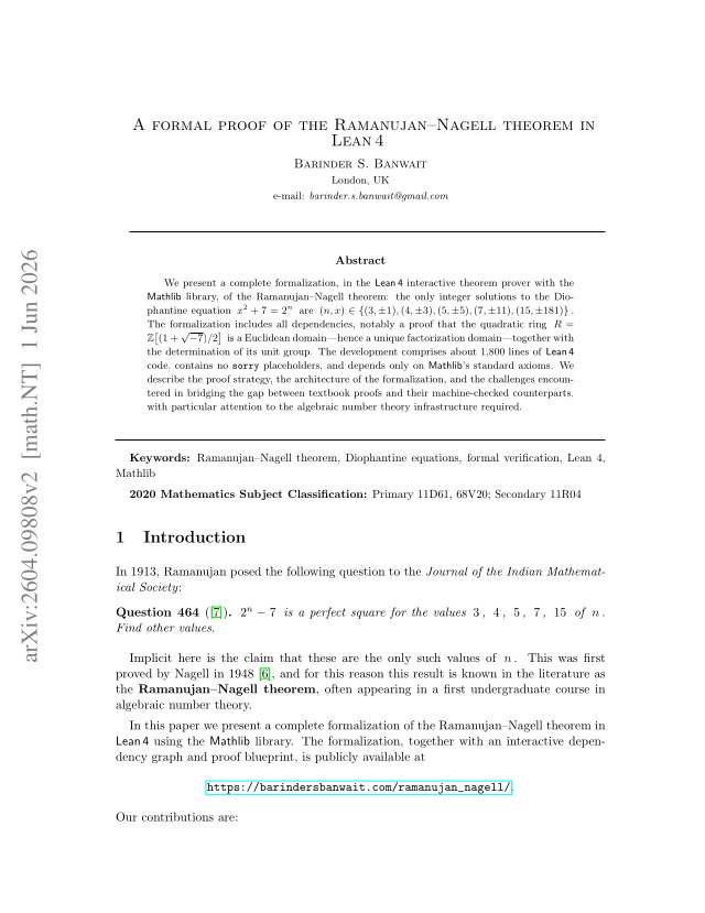 First page of A formal proof of the Ramanujan--Nagell theorem in Lean 4