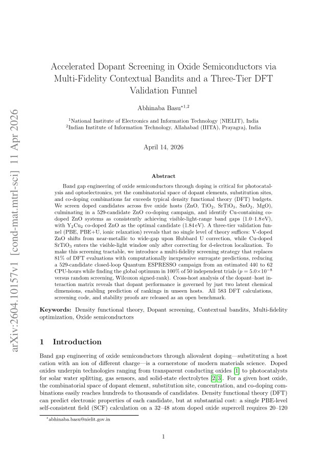 First page of Accelerated Dopant Screening in Oxide Semiconductors via Multi-Fidelity Contextual Bandits and a Three-Tier DFT Validation Funnel