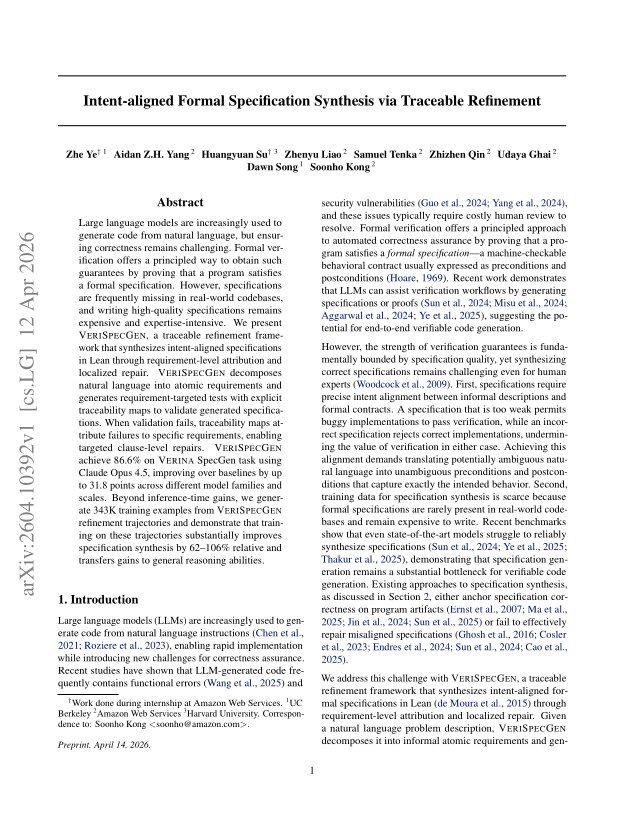 First page of Intent-aligned Formal Specification Synthesis via Traceable Refinement