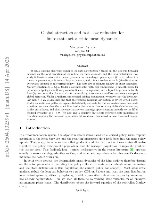 First page of Global attractors and fast-slow reduction for finite-state actor-critic mean dynamics