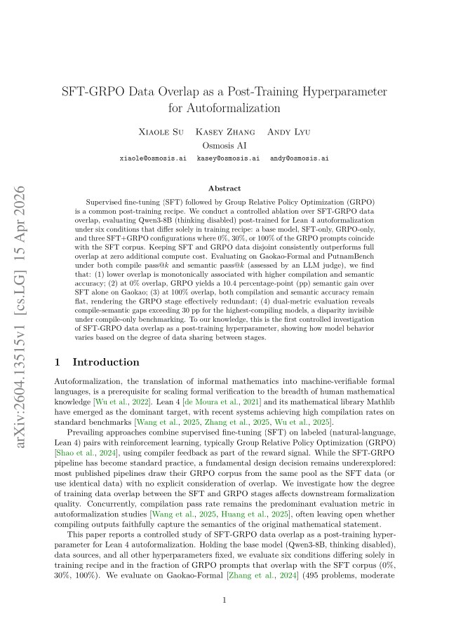 First page of SFT-GRPO Data Overlap as a Post-Training Hyperparameter for Autoformalization