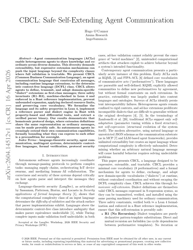 First page of CBCL: Safe Self-Extending Agent Communication