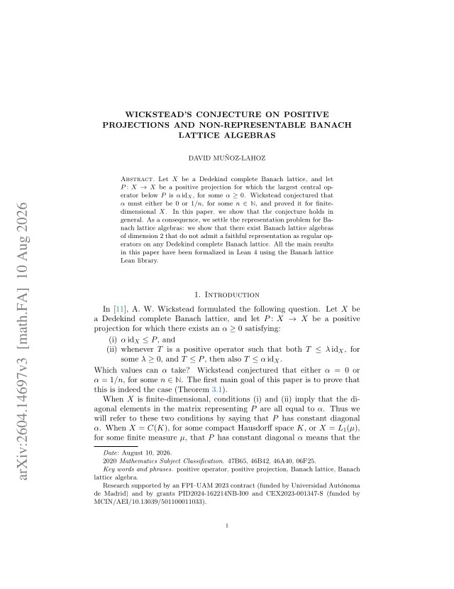 First page of Wickstead's conjecture on positive projections and non-representable Banach lattice algebras