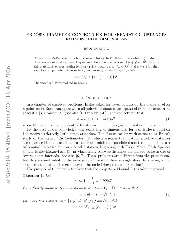 First page of Erdős's diameter conjecture for separated distances fails in high dimensions