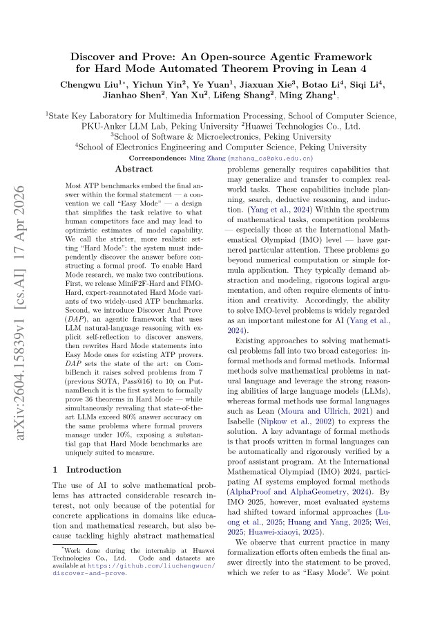 First page of Discover and Prove: An Open-source Agentic Framework for Hard Mode Automated Theorem Proving in Lean 4