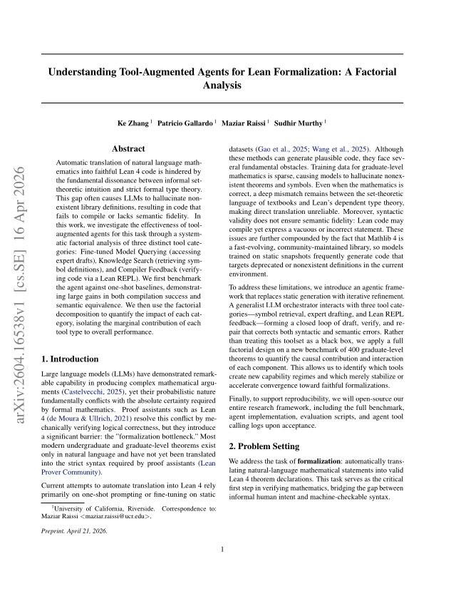 First page of Understanding Tool-Augmented Agents for Lean Formalization: A Factorial Analysis