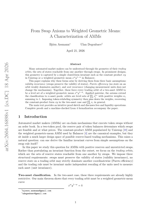 First page of From Swap Axioms to Weighted Geometric Means: A Characterization of AMMs