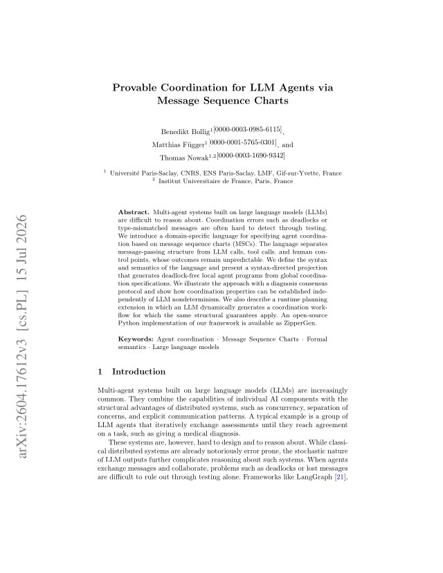 First page of Provable Coordination for LLM Agents via Message Sequence Charts
