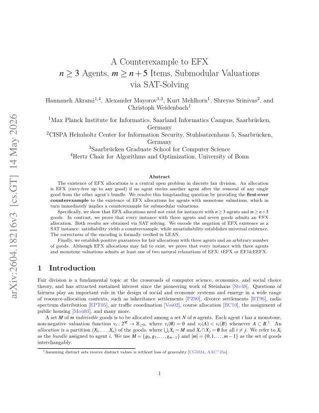 First page of A Counterexample to EFX $n \ge 3$ Agents, $m \ge n + 5$ Items, Submodular Valuations via SAT-Solving