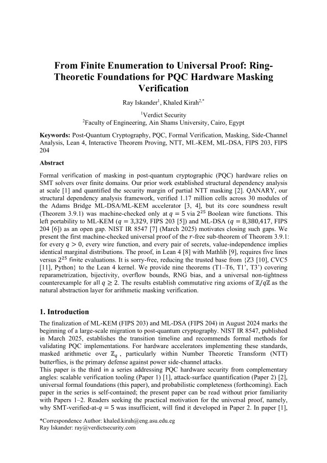 First page of From Finite Enumeration to Universal Proof: Ring-Theoretic Foundations for PQC Hardware Masking Verification