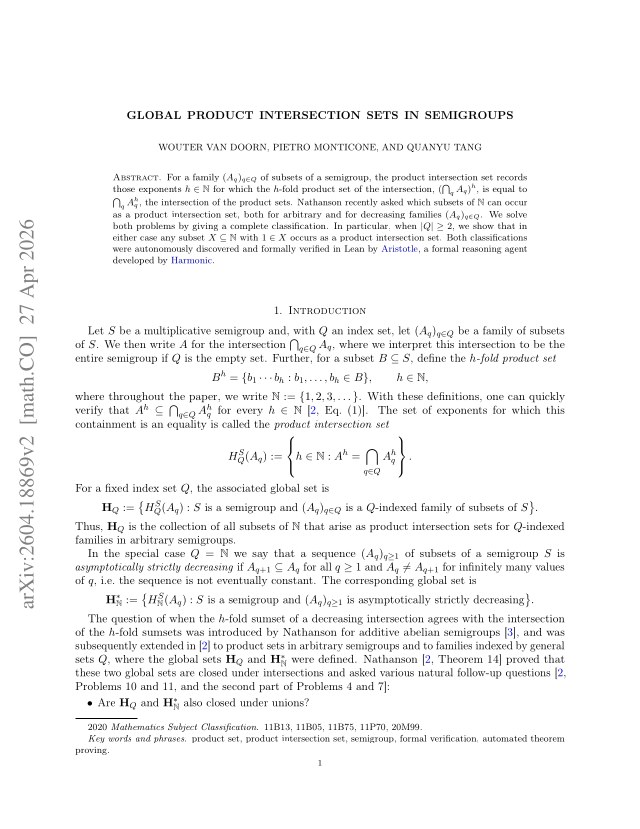 First page of Global Product Intersection Sets in Semigroups
