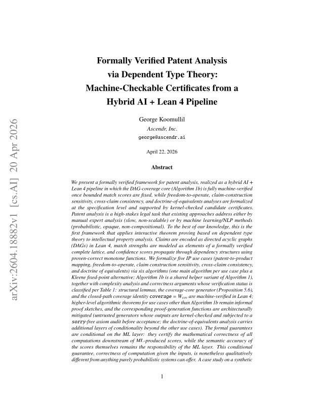 First page of Formally Verified Patent Analysis via Dependent Type Theory: Machine-Checkable Certificates from a Hybrid AI + Lean 4 Pipeline