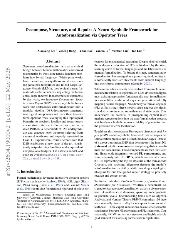 First page of Decompose, Structure, and Repair: A Neuro-Symbolic Framework for Autoformalization via Operator Trees