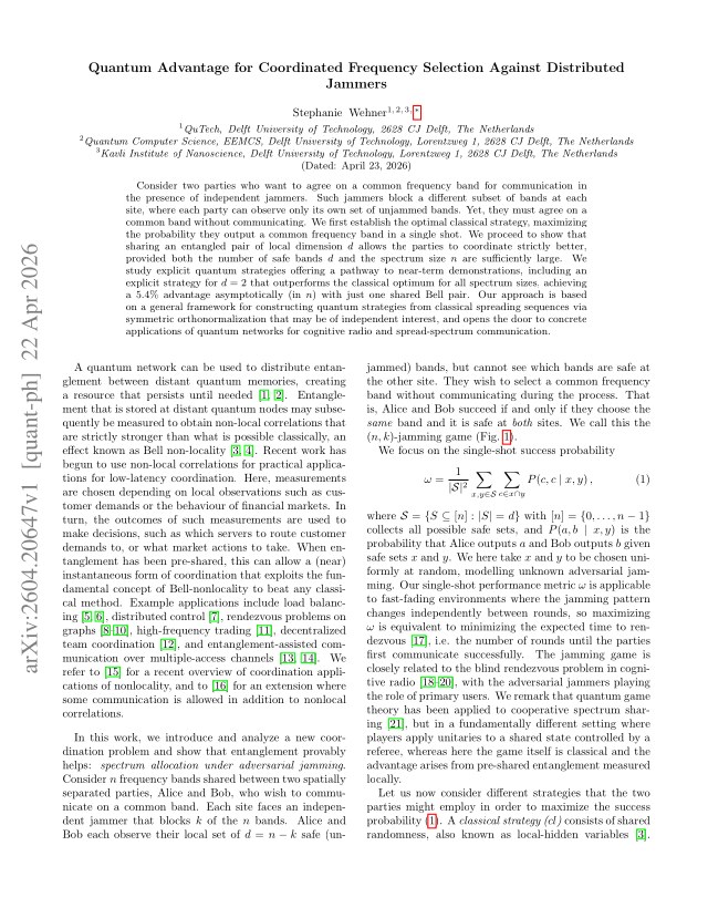 First page of Quantum Advantage for Coordinated Frequency Selection Against Distributed Jammers