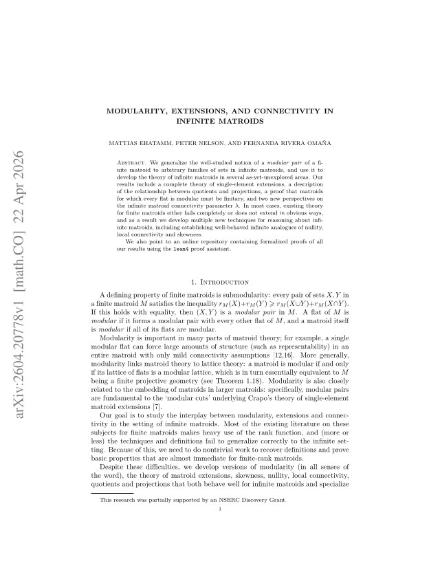 First page of Modularity, Extensions and Connectivity in Infinite Matroids