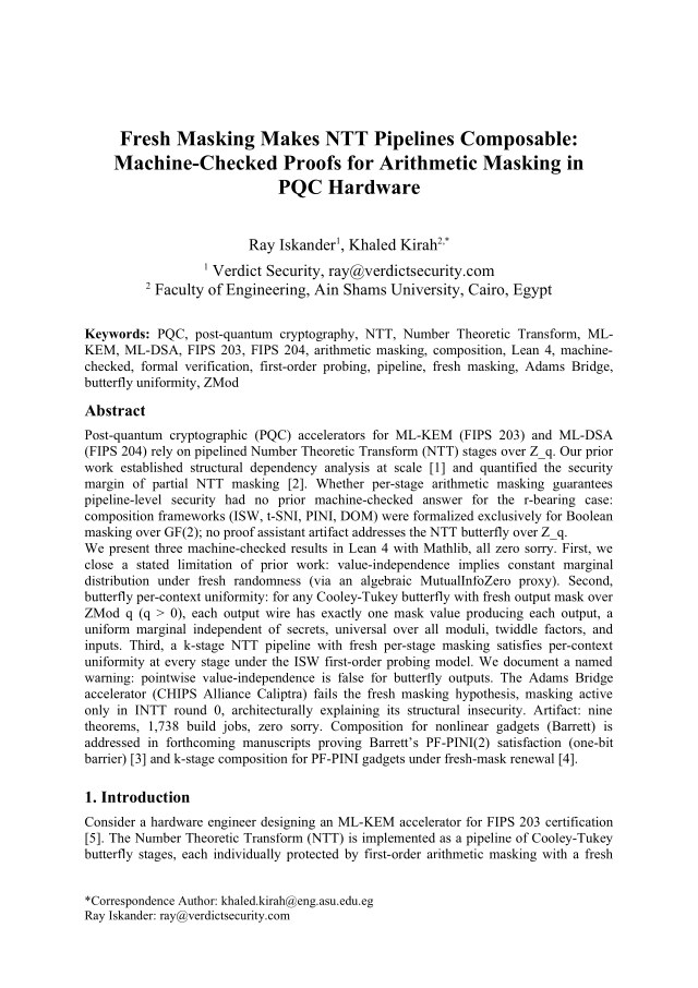 First page of Fresh Masking Makes NTT Pipelines Composable: Machine-Checked Proofs for Arithmetic Masking in PQC Hardware