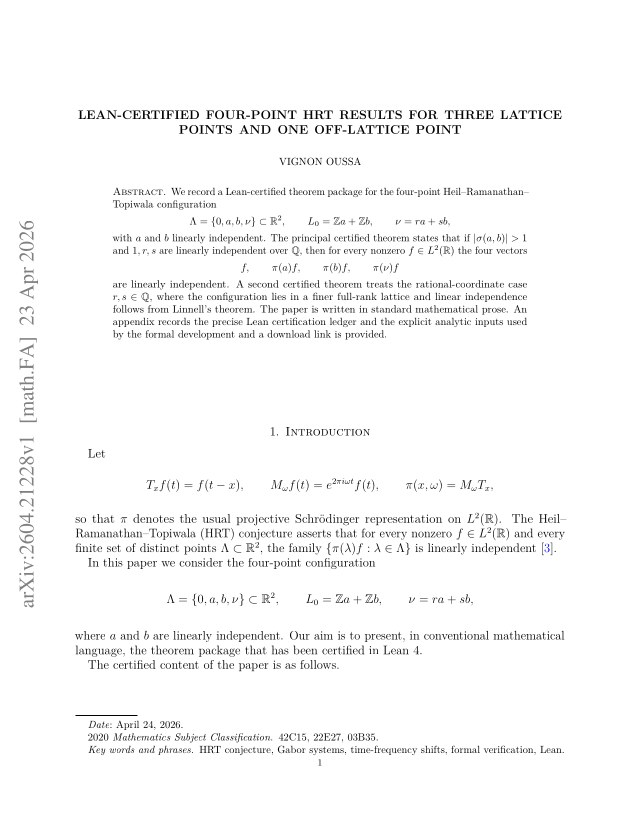 First page of Lean-certified four-point HRT results for three lattice points and one off-lattice point