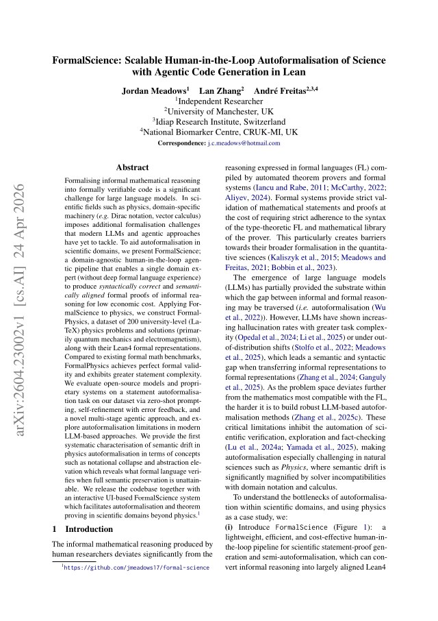 First page of FormalScience: Scalable Human-in-the-Loop Autoformalisation of Science with Agentic Code Generation in Lean