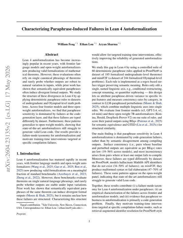 First page of Characterizing Paraphrase-Induced Failures in Lean 4 Autoformalization