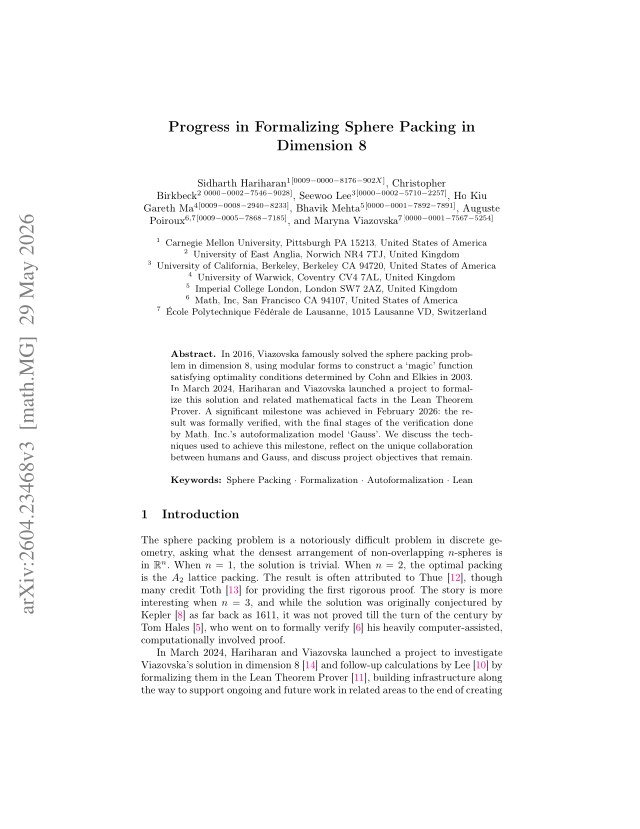 First page of Progress in Formalizing Sphere Packing in Dimension 8