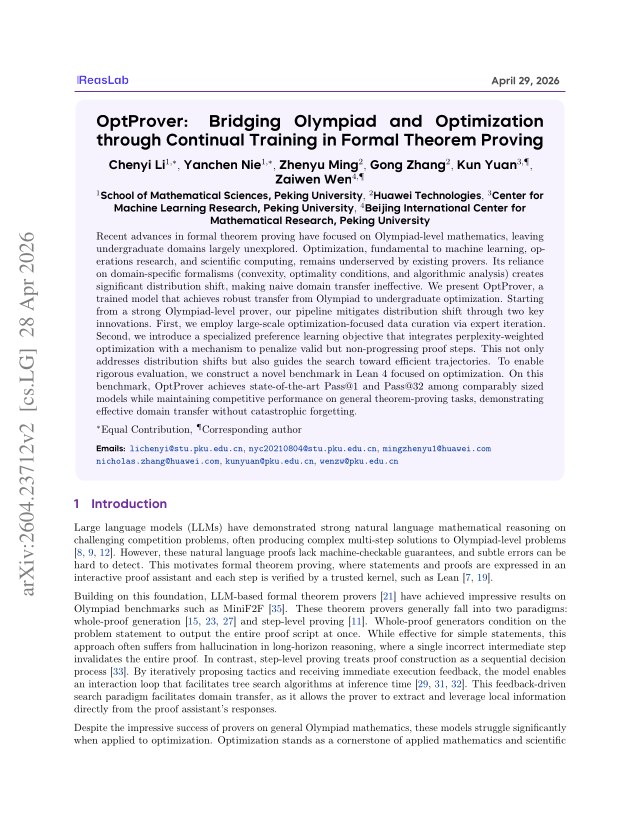 First page of OptProver: Bridging Olympiad and Optimization through Continual Training in Formal Theorem Proving