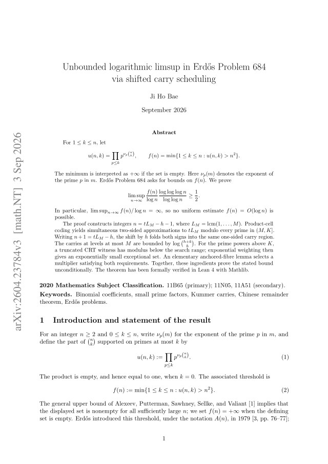 First page of Unbounded logarithmic limsup in Erdős Problem 684 via shifted carry scheduling