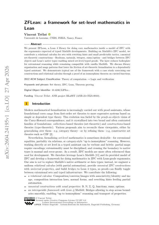 First page of ZFLean: a framework for set-level mathematics in Lean