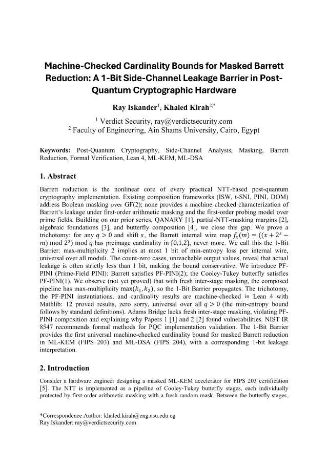 First page of Machine-Checked Cardinality Bounds for Masked Barrett Reduction: A 1-Bit Side-Channel Leakage Barrier in Post-Quantum Cryptographic Hardware