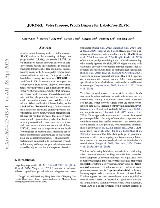 First page of JURY-RL: Votes Propose, Proofs Dispose for Label-Free RLVR
