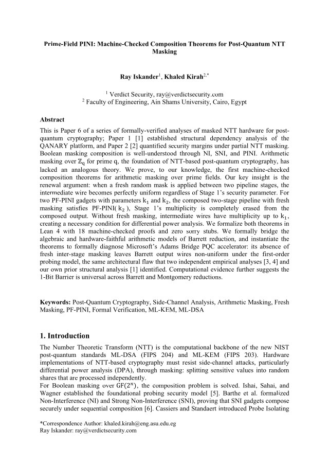 First page of Prime-Field PINI: Machine-Checked Composition Theorems for Post-Quantum NTT Masking
