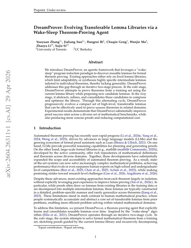 First page of DreamProver: Evolving Transferable Lemma Libraries via a Wake-Sleep Theorem-Proving Agent