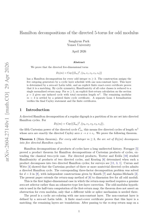 First page of Hamilton decompositions of the directed 5-torus for odd modulus