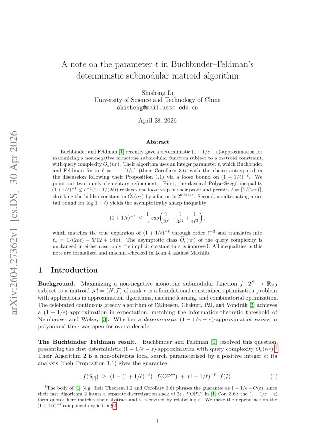 First page of A note on the parameter $\ell$ in Buchbinder--Feldman's deterministic submodular matroid algorithm