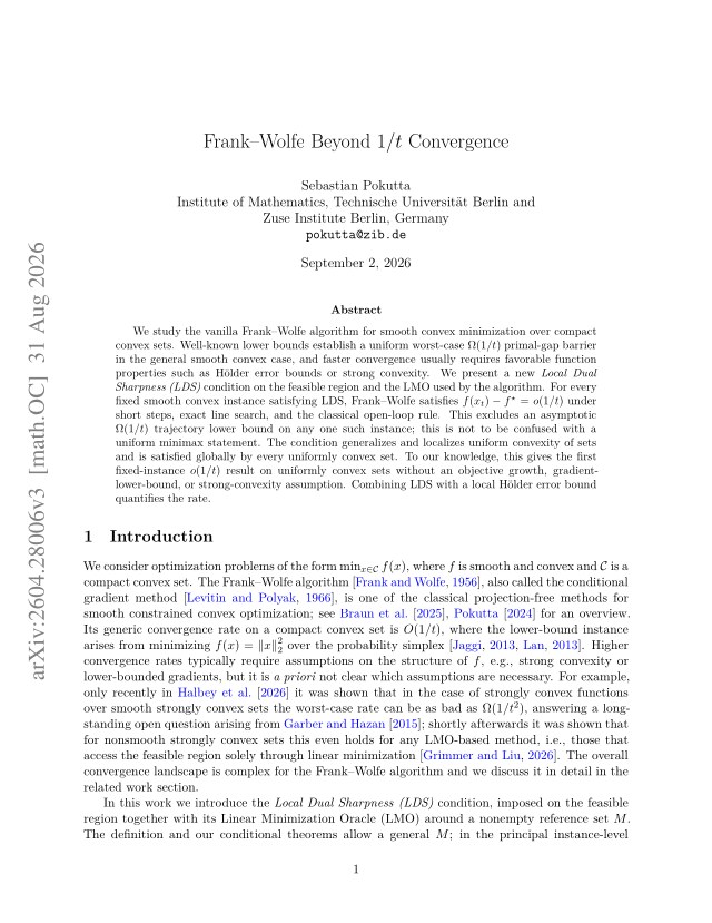 First page of Frank-Wolfe Beyond 1/t Convergence