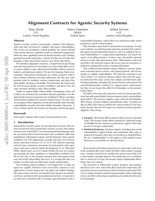 First page of Alignment Contracts for Agentic Security Systems