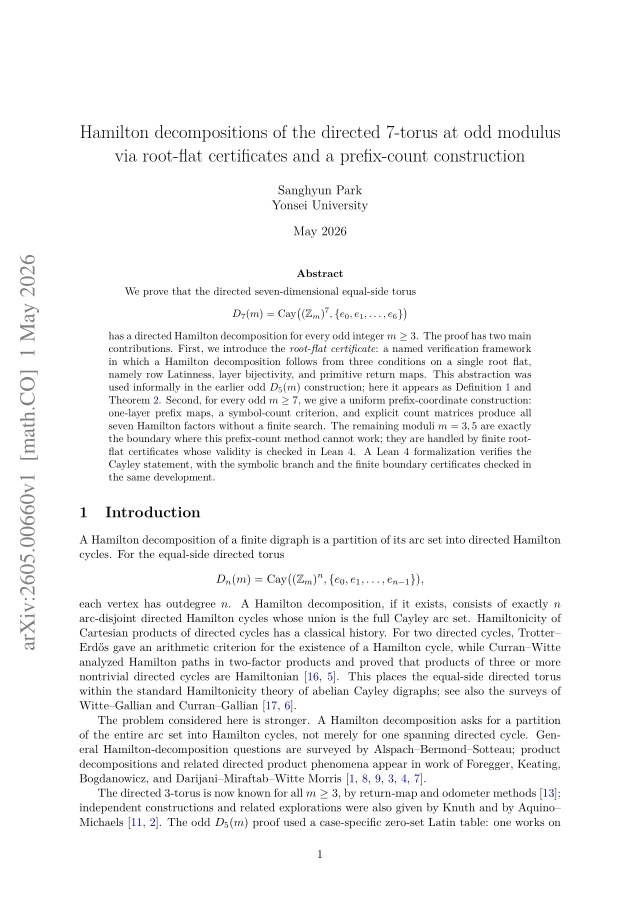 First page of Hamilton decompositions of the directed 7-torus at odd modulus via root-flat certificates and a prefix-count construction
