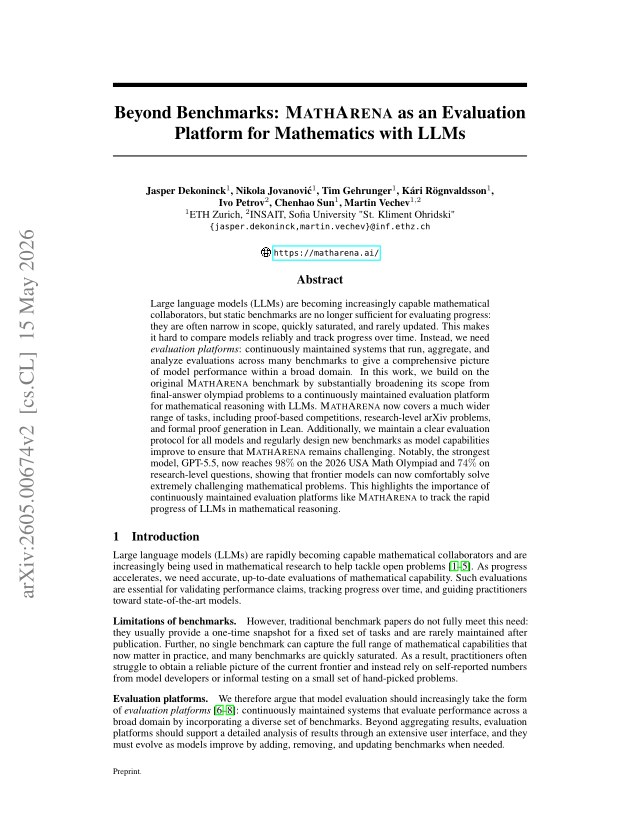 First page of Beyond Benchmarks: MathArena as an Evaluation Platform for Mathematics with LLMs