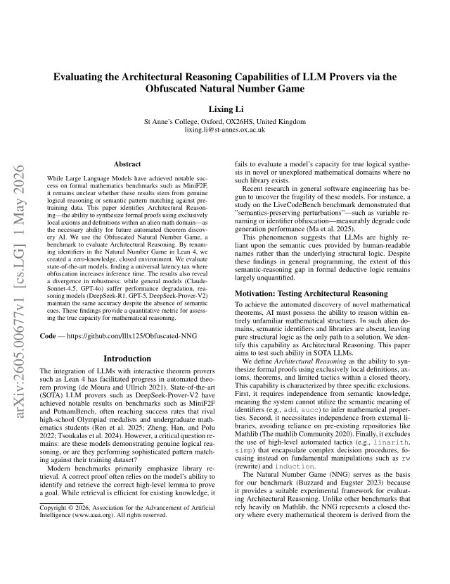 First page of Evaluating the Architectural Reasoning Capabilities of LLM Provers via the Obfuscated Natural Number Game