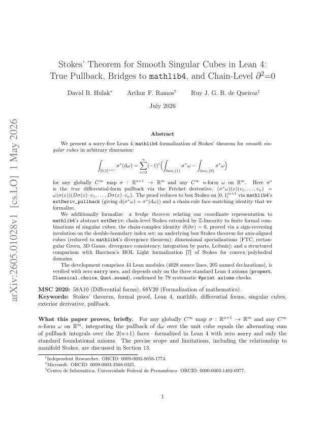 First page of Stokes' Theorem for Smooth Singular Cubes in Lean 4: True Pullback, Bridges to mathlib4, and Chain-Level d^2=0