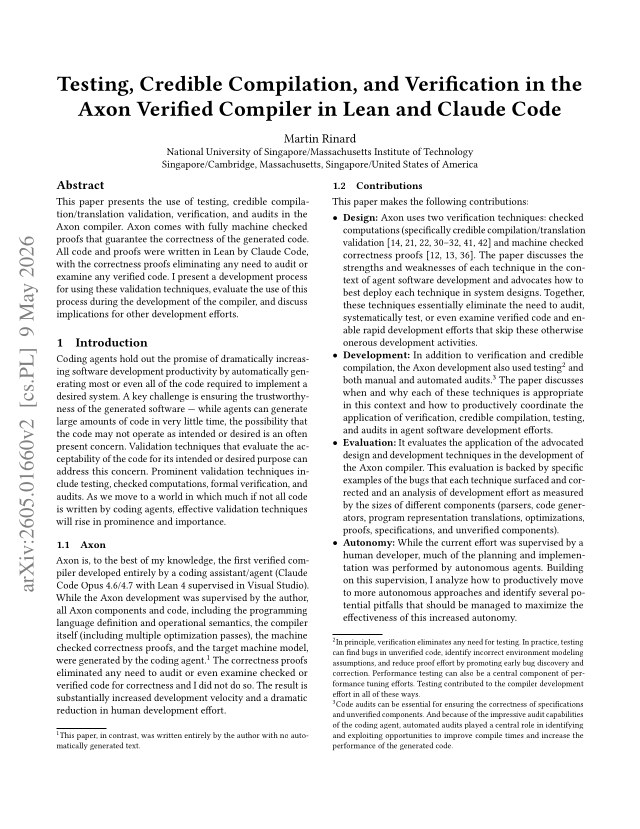 First page of Testing, Credible Compilation, and Verification in the Axon Verified Compiler in Lean and Claude Code