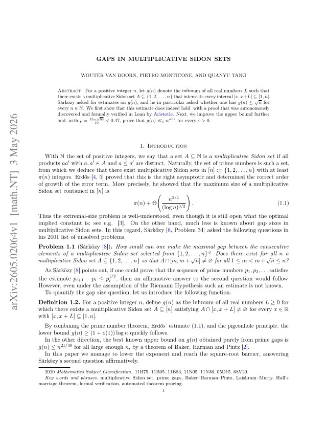 First page of Gaps in Multiplicative Sidon Sets